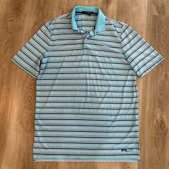 RLX Ralph Lauren Men's‎ Blue Striped Stretch Polo Shirt Short Sleeve L - Picture 4 of 11